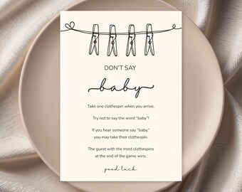 Don’t Say Baby Game Sign, Baby Shower Clothespin Game Printable, Minimalist Neutral Baby Shower Game, Instant Download PDF