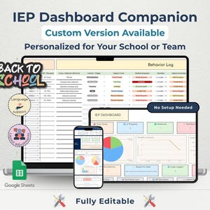 Puede incluir: Un panel de control digital de IEP que se muestra en una computadora portátil, una tableta y un teléfono inteligente. El texto incluye "IEP Dashboard Companion", "Custom Version Available" y "Personalized for Your School or Team". También son visibles iconos y texto adicionales.