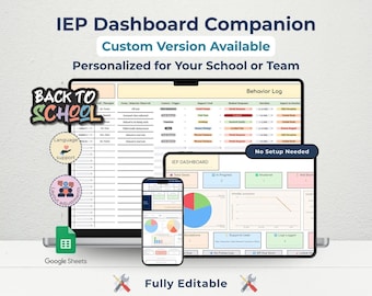May include: A digital IEP Dashboard Companion displayed on a laptop, tablet, and smartphone. The text includes "IEP Dashboard Companion," "Custom Version Available," and "Personalized for Your School or Team." Additional icons and text are also visible, including "Back to School" and "Fully Editable."
