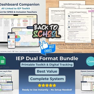 May include: An advertisement for an IEP toolkit, featuring a computer, smartphone, and printed documents. The image includes the text "IEP Dashboard Companion" and "Back to School". The toolkit is designed for SPED and inclusion teachers.