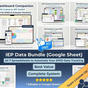 May include: An advertisement for an IEP Data Bundle (Google Sheet) with seven spreadsheets to automate SPED data tracking. The image shows multiple digital devices displaying the spreadsheets, with the text "Best Choice" and "Complete System".