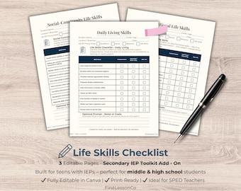 May include: Three white paper checklists for life skills assessment, with a black pen and a pink sticky note. The checklists include sections for daily living, social-community, and practical life skills. The text "Life Skills Checklist" is visible.