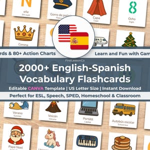 May include: English-Spanish vocabulary flashcards with illustrations. Cards show words like "Action Figure," "Crown," and "Laptop." The product is advertised as an editable Canva template for ESL, speech, and homeschooling. Includes the text "2000+ English-Spanish Vocabulary Flashcards."