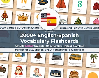 Schede didattiche di vocabolario inglese-spagnolo per bambini / Schede bilingue per l'apprendimento dell'inglese come seconda lingua (ESL) per la classe, l'educazione speciale, la logopedia e l'istruzione domiciliare.
