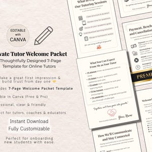 Plantilla de Canva para paquete de bienvenida de tutoría privada para profesores en línea / Paquete editable de incorporación de nuevos estudiantes / Kit de hojas de introducción a la tutoría