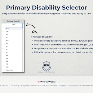 Dropdown includes all 13 disability categories under IDEA Part B (SLD, OHI, ED, Autism, etc.). Fully editable and synced to update the dashboard and tracker. Pre-filled with common SPED acronyms to save time and reduce data errors. Teachers can also customize for district or international settings. Ideal for compliance tracking and school-wide documentation needs in special education programs.