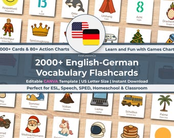 English-German Vocabulary Flashcards for Kids | Bilingual ESL Learning Cards Classroom, SPED, Speech Therapy, Homeschool