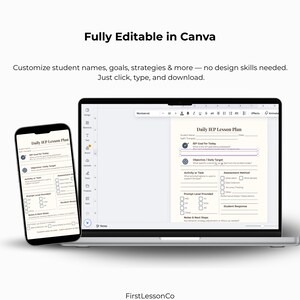 Image showing Canva interface on tablet and laptop screens displaying editable IEP forms. Emphasizes the ease of digital use, customization, and instant access. Highlighted for SPED teachers using Canva Free or Pro.