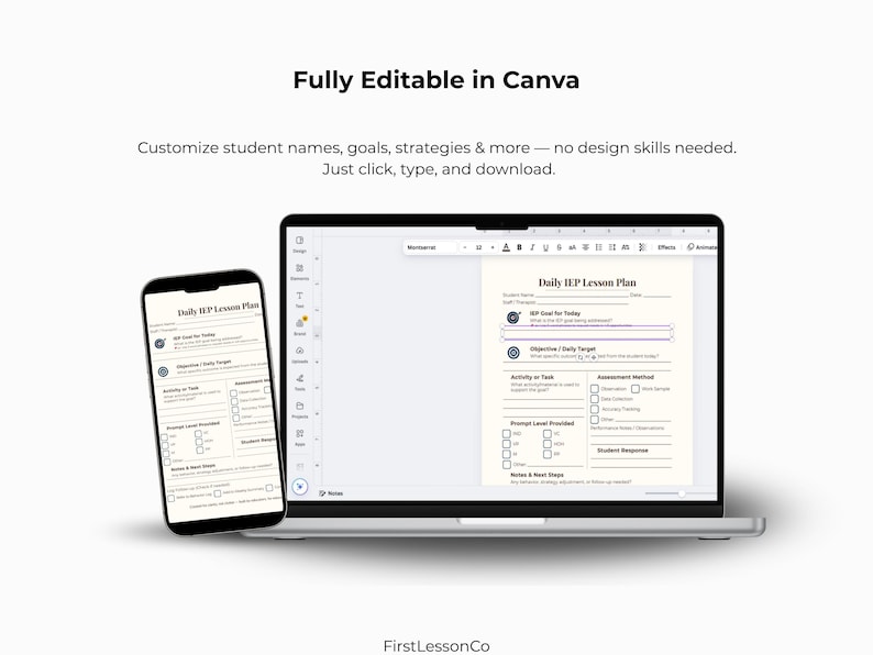 Image showing Canva interface on tablet and laptop screens displaying editable IEP forms. Emphasizes the ease of digital use, customization, and instant access. Highlighted for SPED teachers using Canva Free or Pro.