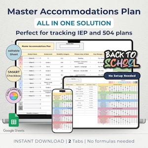 May include: A digital Master Accommodations Plan displayed on a laptop, tablet, and smartphone. The plan is designed for tracking IEP and 504 plans. The image includes the text "ALL IN ONE SOLUTION", "editable Sheet", "SMART Checkbox", and "Back to School".