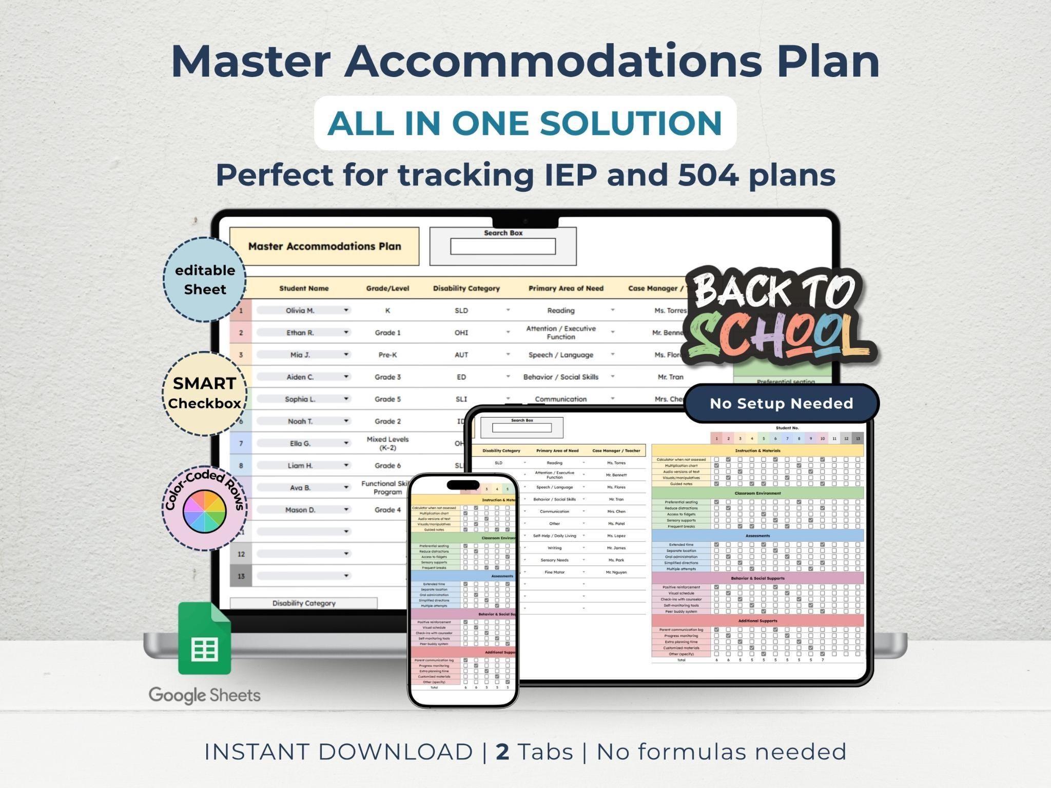 IEP & 504 Accommodations Tracker Google Sheets | Special Education Plan Log | SPED Inclusion 504 Plan Template | Ready for Back to School