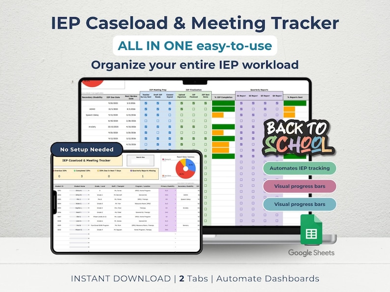 IEP Caseload and Meeting Tracker spreadsheet for Google Sheets with two fully automated tabs. The product features colorful progress bars, visual dashboards, and dropdown-based tracking to manage IEP meetings, communication, goals, and support. Designed for SPED, SLP, and RTI teams, the system requires no formulas or setup and works instantly after copying. Optimized for teachers seeking to simplify caseload organization and streamline their IEP workflow. Ready for Back to School