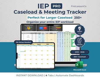 May include: Digital IEP Pro Caseload & Meeting Tracker. The image shows a laptop and tablet displaying a spreadsheet with data. Text includes "Perfect for Larger Caseload 250+" and "Organize your entire IEP workload". Features include a smart filter and editable fields.