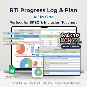 May include: Digital RTI Progress Log & Plan displayed on a tablet, phone, and a Google Sheets icon. The text includes "RTI Progress Log & Plan", "All In One", and "Back to School". The plan includes "Track support", "SMART goals", and "weekly progress".