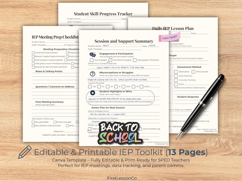 A printable and editable special education planner toolkit displayed on a neutral background with clean typography. The forms include IEP goal tracking sheets, support logs, data tracking tables, and behavior documentation—perfect for SPED teachers, therapists, and case managers. Designed in Canva and ready for print, this professional template set helps organize student progress and streamline IEP prep. A core tool in the full IEP Toolkit System, available as a digital download. Back to School