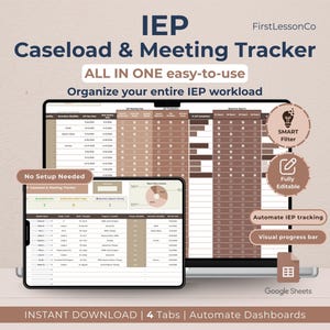 Op de afbeelding: Een digitale IEP Caseload & Meeting Tracker weergegeven op een laptop en tablet. De tekst luidt "IEP Caseload & Meeting Tracker" en "ALL IN ONE easy-to-use". Functies zijn onder meer een slim filter, volledig bewerkbare opties en geautomatiseerde IEP-tracking.