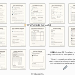 Full view of all 13 editable Canva pages included in the Special Ed Goal Tracker set. Includes goal logs, daily plans, checklists, behavior logs, parent communication tools, and meeting prep forms. Clear and organized layout on soft background.