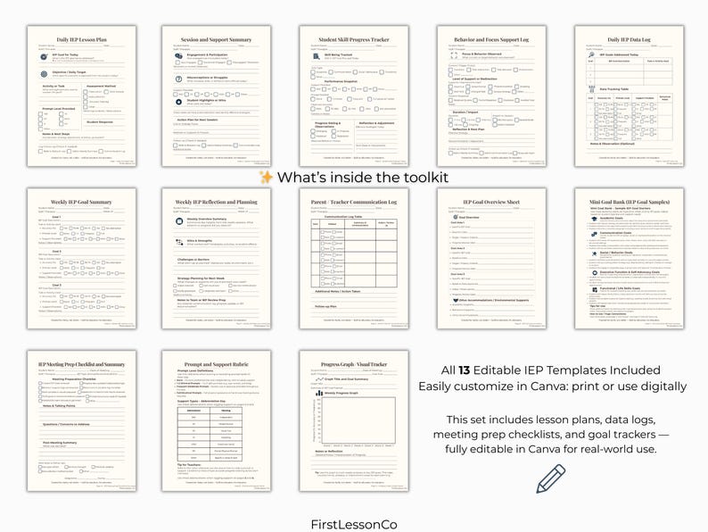 Full view of all 13 editable Canva pages included in the Special Ed Goal Tracker set. Includes goal logs, daily plans, checklists, behavior logs, parent communication tools, and meeting prep forms. Clear and organized layout on soft background.