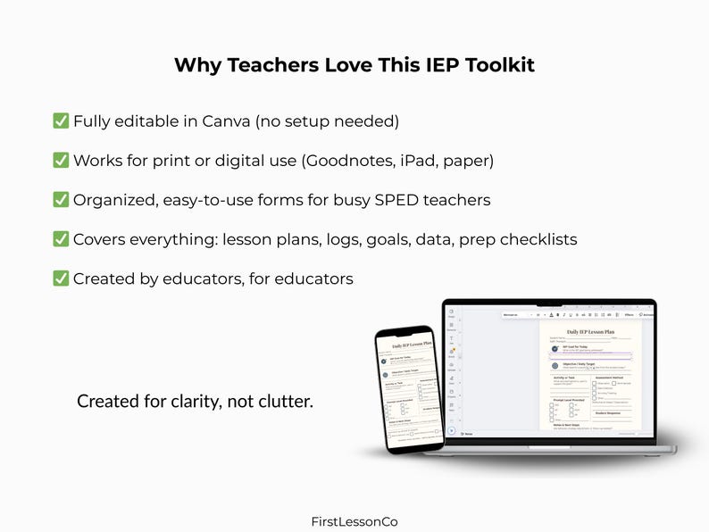 Easily edit this IEP Template in Canva — no design skills required. Customize names, goals, supports, and progress details in just a few clicks. Works on both desktop and mobile devices. Perfect for busy SPED teachers who need adaptable templates for digital or printed use. Built for flexible classroom and therapy workflows, saving time and reducing stress during IEP prep.