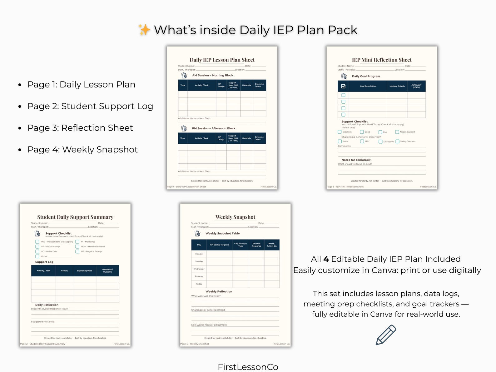 Daily IEP Plan Templates: Editable SPED Forms (printable PDF) - Etsy