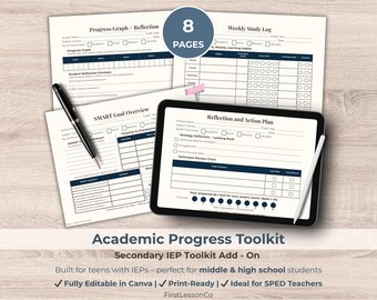 Academic Progress Toolkit – IEP Goal, Study & Work Tracking | Secondary Special Ed Add-On (Editable PDF + Canva)