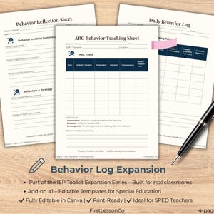 Puede incluir: Un conjunto de hojas de seguimiento de comportamiento impresas, que incluyen una hoja de seguimiento de comportamiento ABC y un registro de comportamiento diario. Un bolígrafo negro descansa sobre una superficie de madera. El texto "Behavior Log Expansion" es visible.