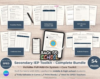 May include: A bundle of printable educational resources for secondary IEPs. The image shows a tablet, smartphone, and several sheets of paper with titles such as "Transition Planning" and "Academic Progress." The text "Back to School" is also visible.