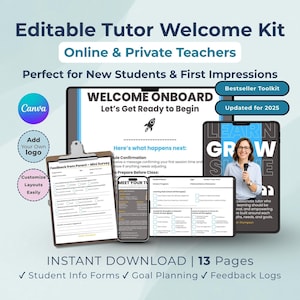 May include: An editable tutor welcome kit with a blue and white design. The kit includes forms, goal planning tools, and feedback logs. The image shows a tablet, phone, and clipboard with the text "Welcome Onboard" and "Instant Download".
