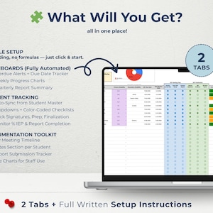 This IEP tracker includes two tabs: a student master directory and a full meeting tracker with automation. The dashboards feature weekly progress charts, dropdown checklists, and visual summaries to track behavior, goals, and due dates. Teachers receive full written setup instructions. Designed to save time for SPED teachers, this system works seamlessly to centralize student IEP data and connect all documentation into one simplified view.
