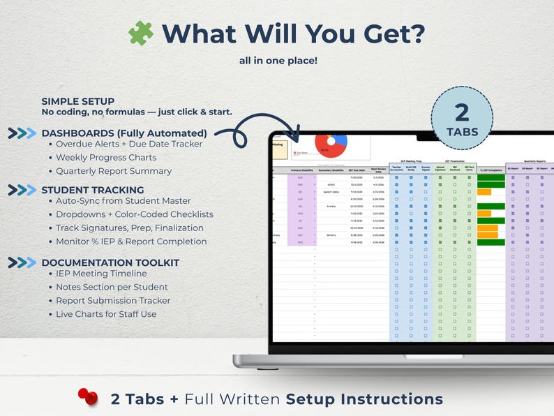 This IEP tracker includes two tabs: a student master directory and a full meeting tracker with automation. The dashboards feature weekly progress charts, dropdown checklists, and visual summaries to track behavior, goals, and due dates. Teachers receive full written setup instructions. Designed to save time for SPED teachers, this system works seamlessly to centralize student IEP data and connect all documentation into one simplified view.
