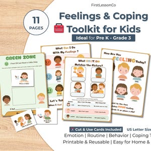 May include: A toolkit for kids with the title "Feelings & Coping Toolkit for Kids." The image shows several educational cards with illustrations of emotions and coping strategies. The cards are designed for Pre K - Grade 3.