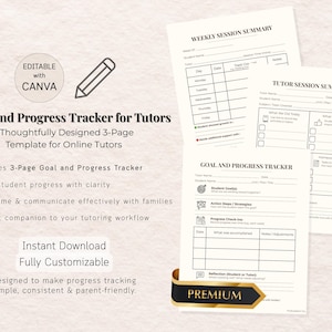 May include: A printable goal and progress tracker for online tutors. The three-page template includes a weekly session summary, a tutor session summary, and a goal and progress tracker. The template is designed to help tutors track student progress and communicate effectively with families.