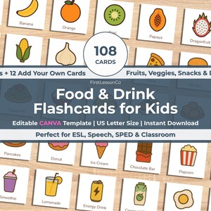 Puede incluir: Un conjunto de 108 tarjetas didácticas para niños con ilustraciones coloridas de frutas, verduras, snacks y bebidas. Las tarjetas están diseñadas para ESL, logopedia, SPED y el aula. Tamaño US Letter, descarga instantánea.