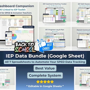 Può includere: Un'immagine che promuove un pacchetto di dati IEP con sette fogli di calcolo per automatizzare il monitoraggio dei dati SPED. L'immagine mostra un tablet e uno smartphone che visualizzano i fogli di calcolo. Il testo include "Back to School" e "Best Choice".