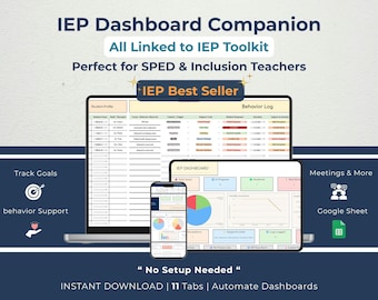 Fiche Google du tableau de bord IEP | Suivi des données sur l'éducation spéciale, journal des objectifs et des comportements SPED, suivi des progrès