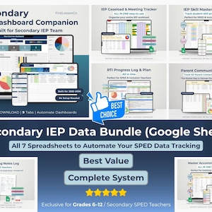 May include: A digital product bundle for secondary IEP data tracking, featuring seven spreadsheets. The image displays various dashboards and mobile device screens with data visualizations. Text includes "Secondary IEP Data Bundle" and "Best Value".
