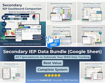 May include: A digital product bundle for secondary IEP data tracking, featuring seven spreadsheets. The image displays various dashboards and mobile device screens with data visualizations. Text includes "Secondary IEP Data Bundle" and "Best Value".