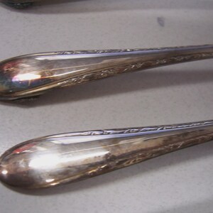 May include: Close-up of two silver spoons with ornate detailing along the handles. The spoons have a reflective surface, with visible light reflections. The spoons are likely part of a silverware set.