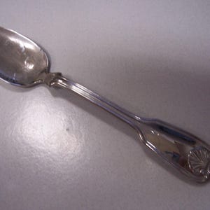 May include: A silver spoon with a rounded bowl and a long handle. The handle has a decorative design and a seashell emblem at the end. The spoon is likely made of stainless steel or a similar metal.