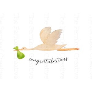 New Baby Card Printable – Stork Baby Shower Greeting Card – Digital Download | Hand Painted Watercolor Newborn Congrats Card