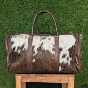Hair on Cowhide Weekender Bag, Brown & White Cowhide Leather Duffle, Stylish Overnight Bag for Travel, Great Gift for Him or Her