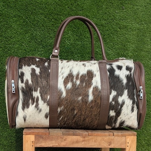 Hair on Cowhide Duffle Bag, Brown & White Cowhide Leather Weekender Bag, Overnight Travel Bag, Unique Western Gift for Him or Her