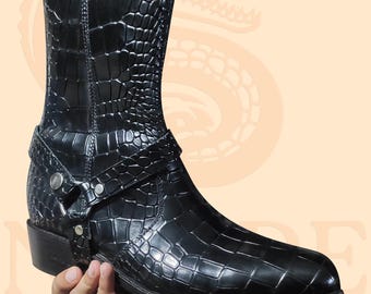 Botas vaqueras de piel de cocodrilo hechas a mano, estilo western, con ribete Goodyear, media caña.
