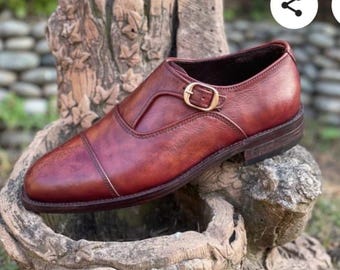 Zapatos de cuero con hebilla, zapatos de vestir color burdeos y marrón, zapatos Oxford tipo brogue.
