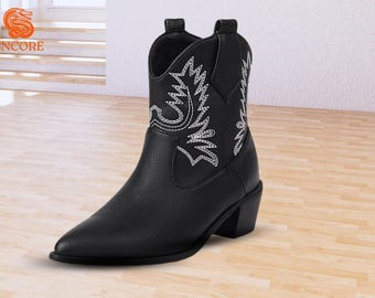 Botas vaqueras de cuero, botas vaqueras de media caña, botas de punta redonda, botas vaqueras de estilo western, botas Goodyear hechas a mano, regalo para mujer