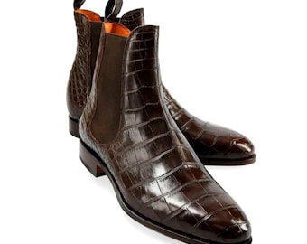 Handmade Crocodile Embossed Leather Chelsea Boots: Classic Ankle Dress Boots