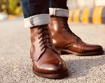 Botas de cuero con cordones, botas de cuero medias, botines, regalo para hombres y mujeres, botas de moto