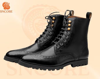 Botas de cuero, botas con cordones, botas brogue con punta de ala, botas negras oxford, ideales para la oficina y botas semiformales, regalo para él/ella, botas unisex