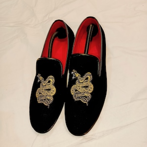 Men Black Velvet Loafers Flats with Copper Snake Embroidery Handcrafted Black Slip-On Shoes