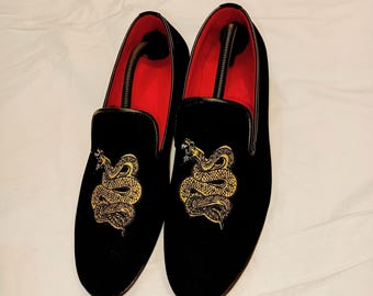 Black Velvet Loafers Flats with Copper Snake Embroidery Handcrafted Black Slip-On Shoes